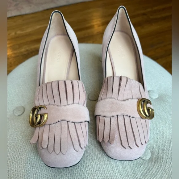 Gucci GG Kiltie Fringe Mid Heel Crystal Pink Suede w/ Gold Pump Women's 38.5 - Picture 4 of 16